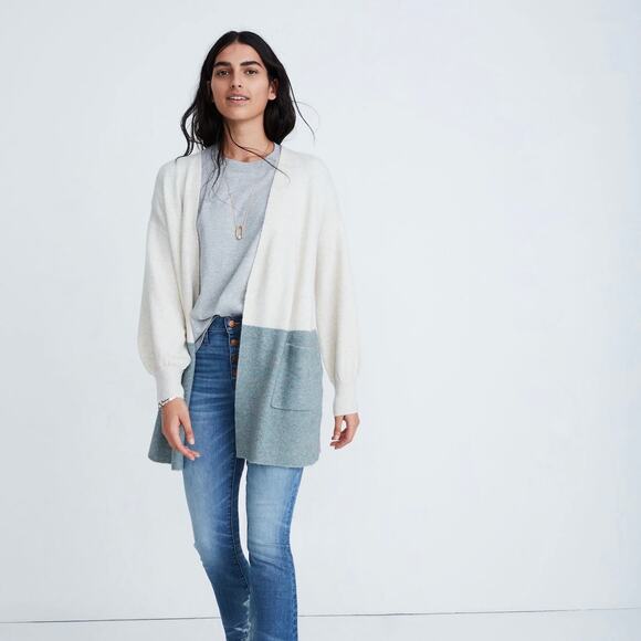 MADEWELL Edgewater Bubble Sleeve Cardigan Sweater Colorblock XS K5801 - Picture 1 of 11